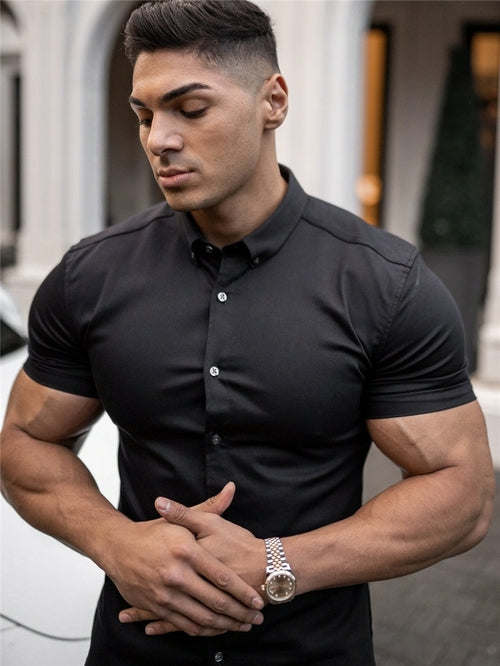 Men Fashion Casual Short Sleeve Solid Shirt Super Slim Fit Male Social