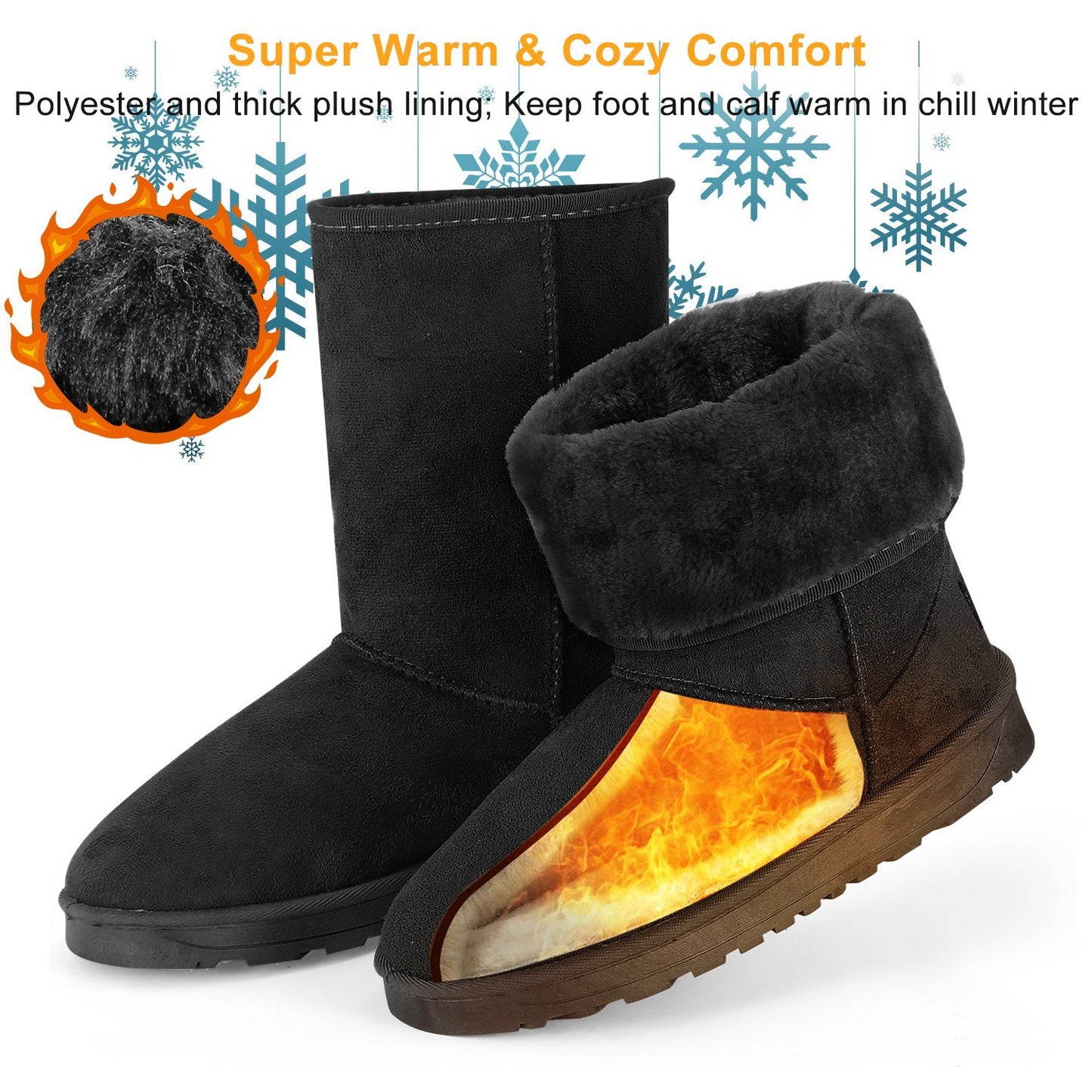 Women Ladies Snow Boots Waterproof Faux Suede Mid-Calf Boots Fur Warm Lining Shoes