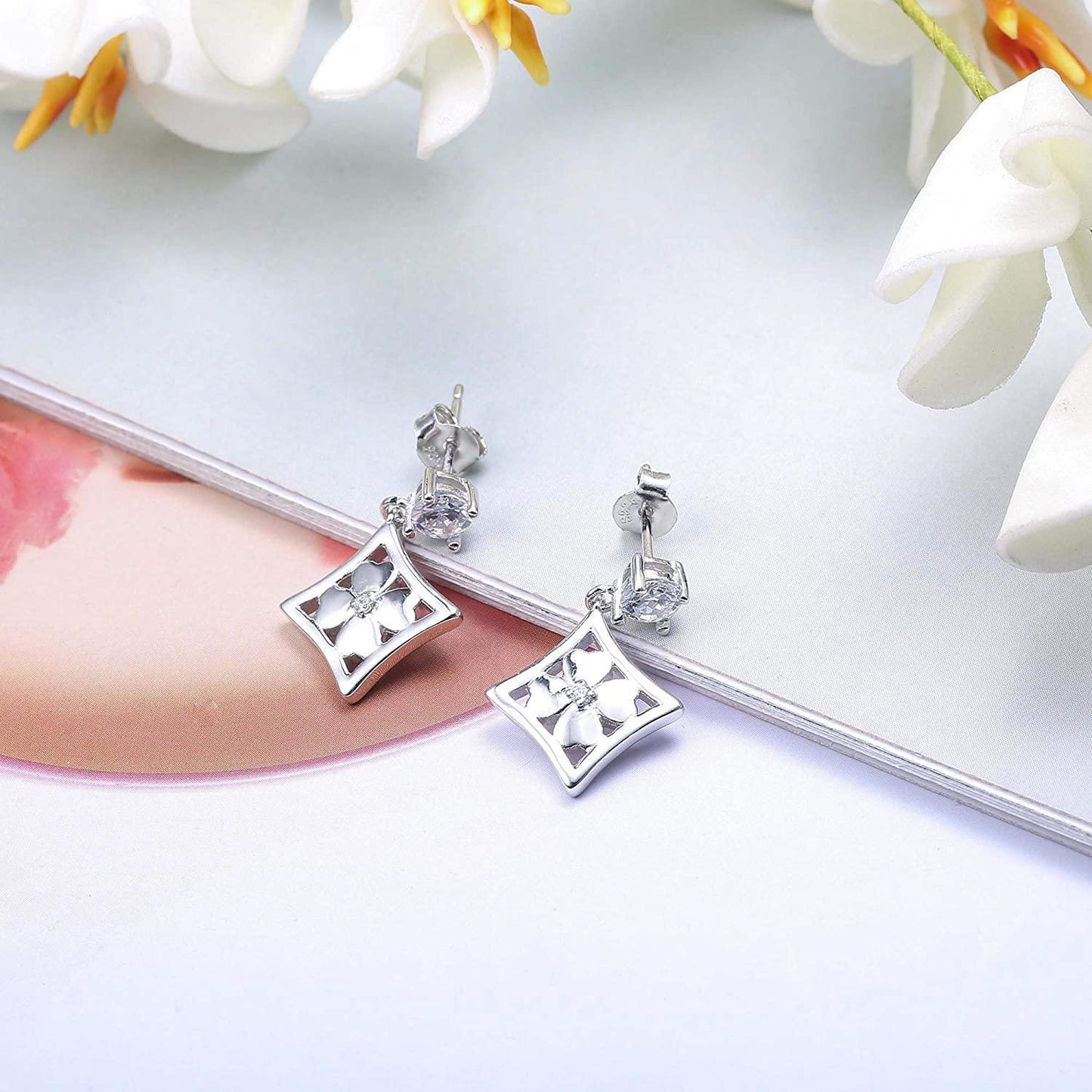 925 Sterling Silver Cubic Zirconia Clover Dangle Earrings Good Luck Rhombus Four Leaf Drop Earrings Jewelry for Women