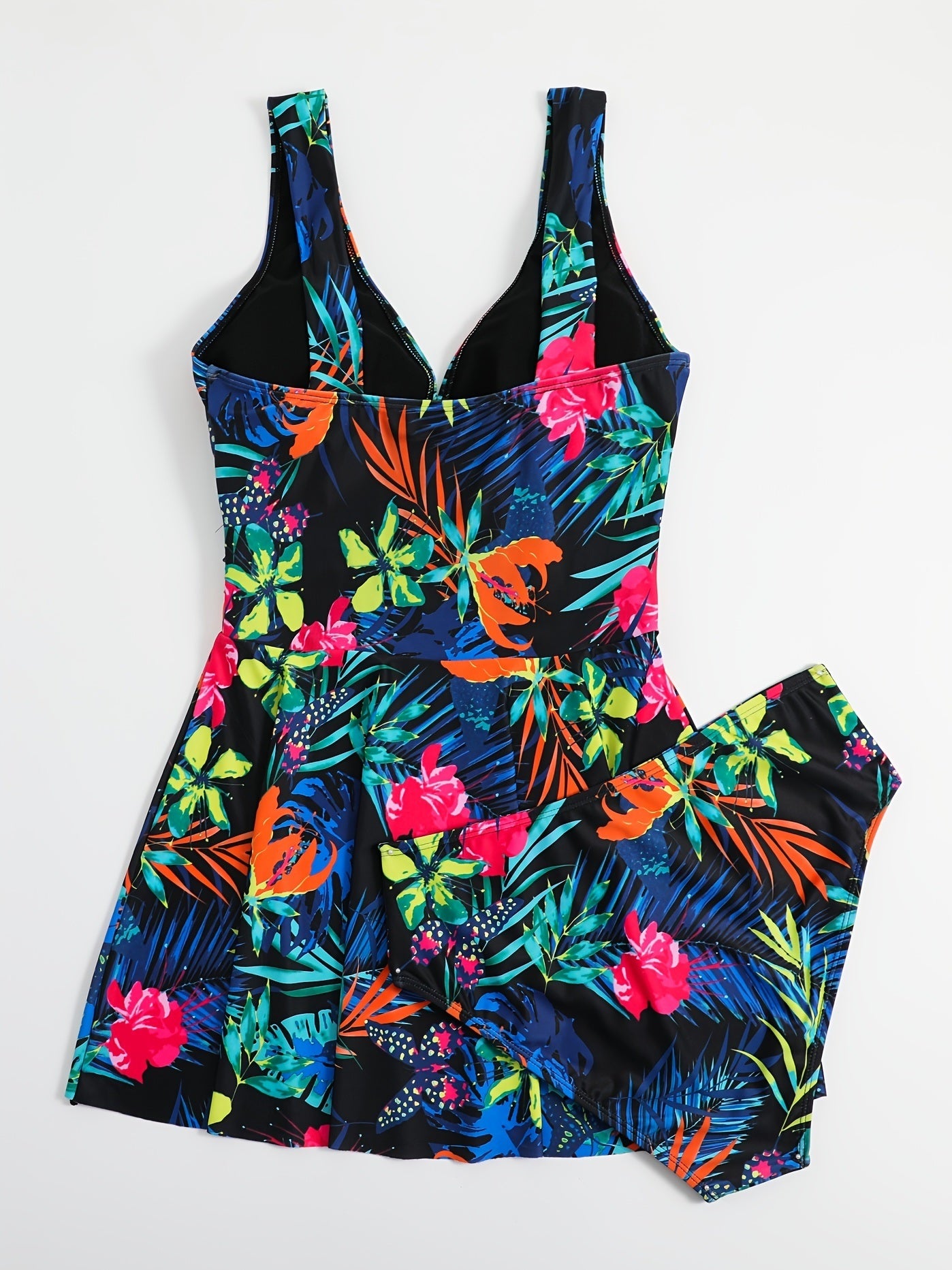 Plus Size Tropical Print Tank Top & Panties Swimsuit Set; Women's Plus High Stretch 2pcs Swimsuit Set