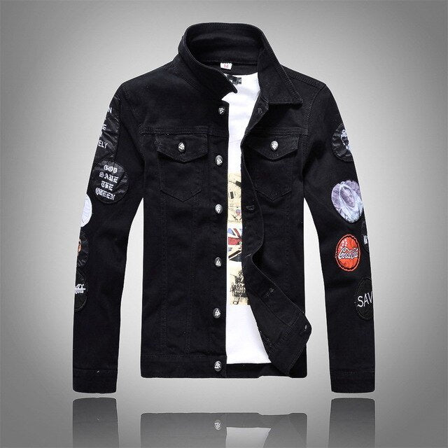 Spring And Autumn Black Denim Jacket Men Single-breasted Slim Male Patch Jean Streetwear Digital Printing Mens Clothes