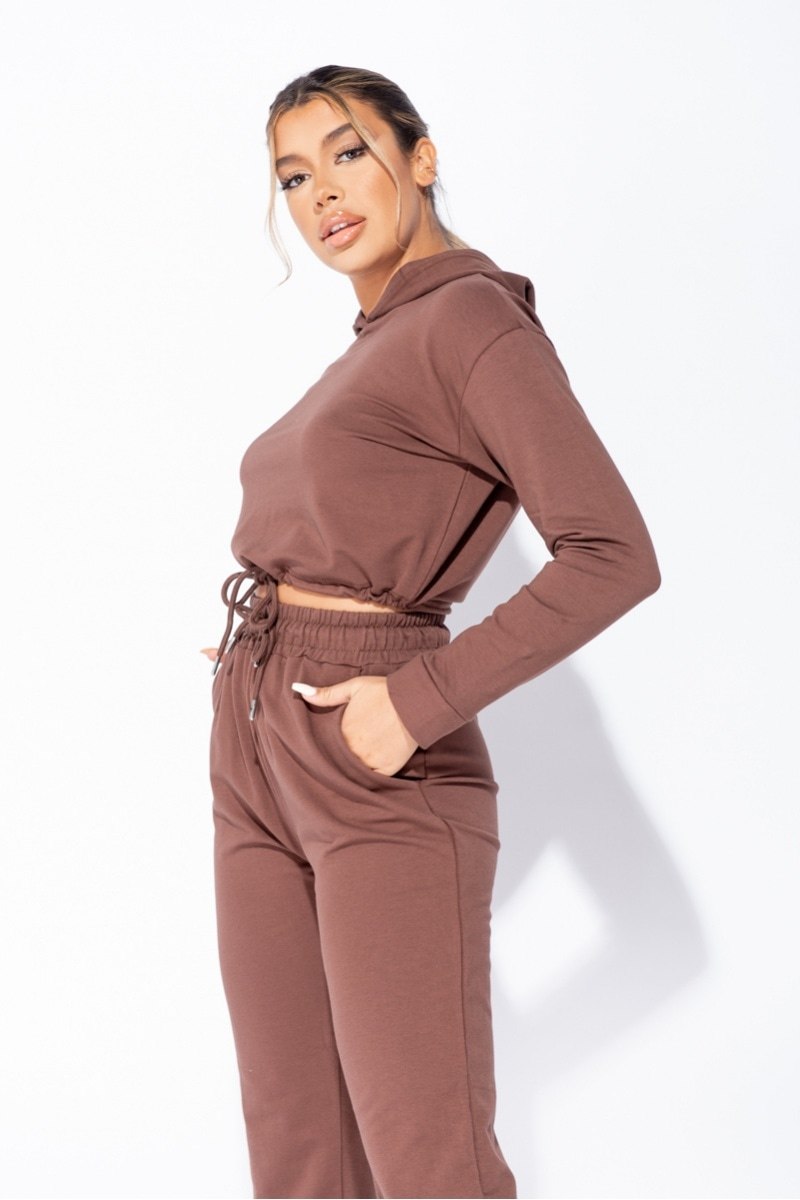 Olive/Brown Cropped Hoodie Jogger Lounge Set