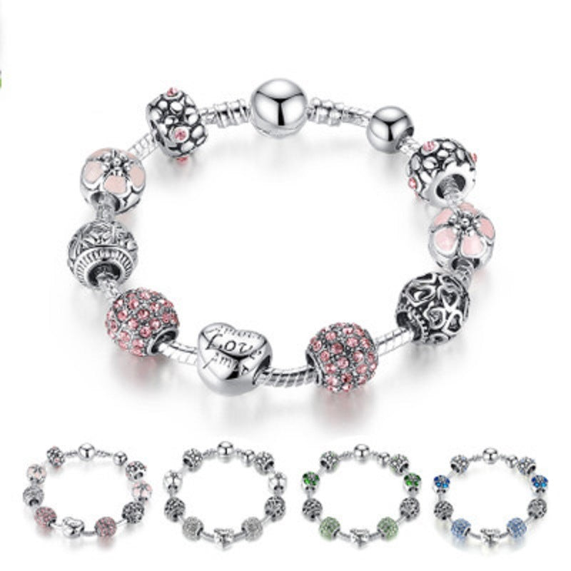 Love Beads Charms Bracelet Rose Flower Charms CZ Charms Bracelets with 9 Pieces Charm for Girls and Women