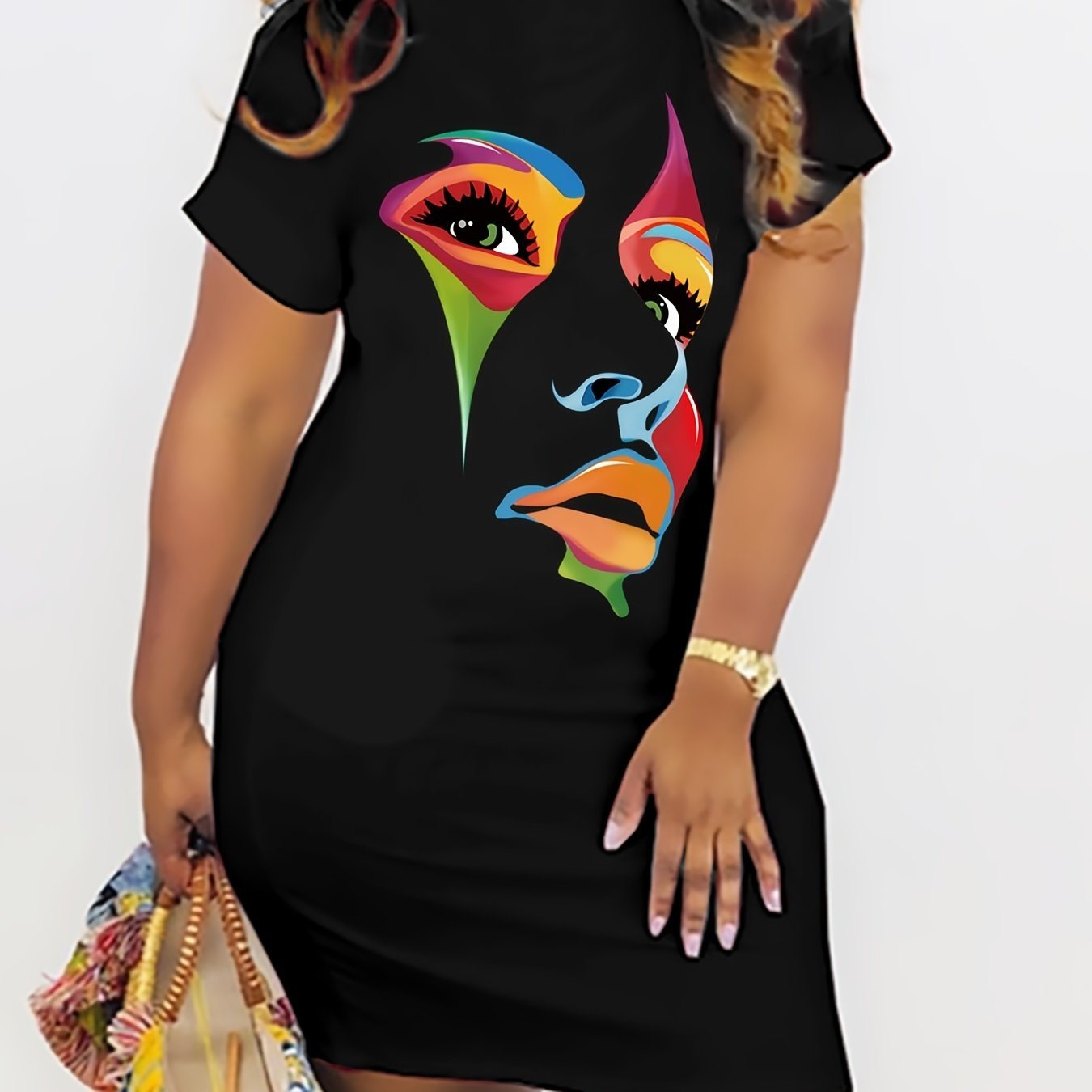 Plus Size Figure Print Short Sleeve Tee Dress; Women's Plus High Stretch Round Neck Casual Dress