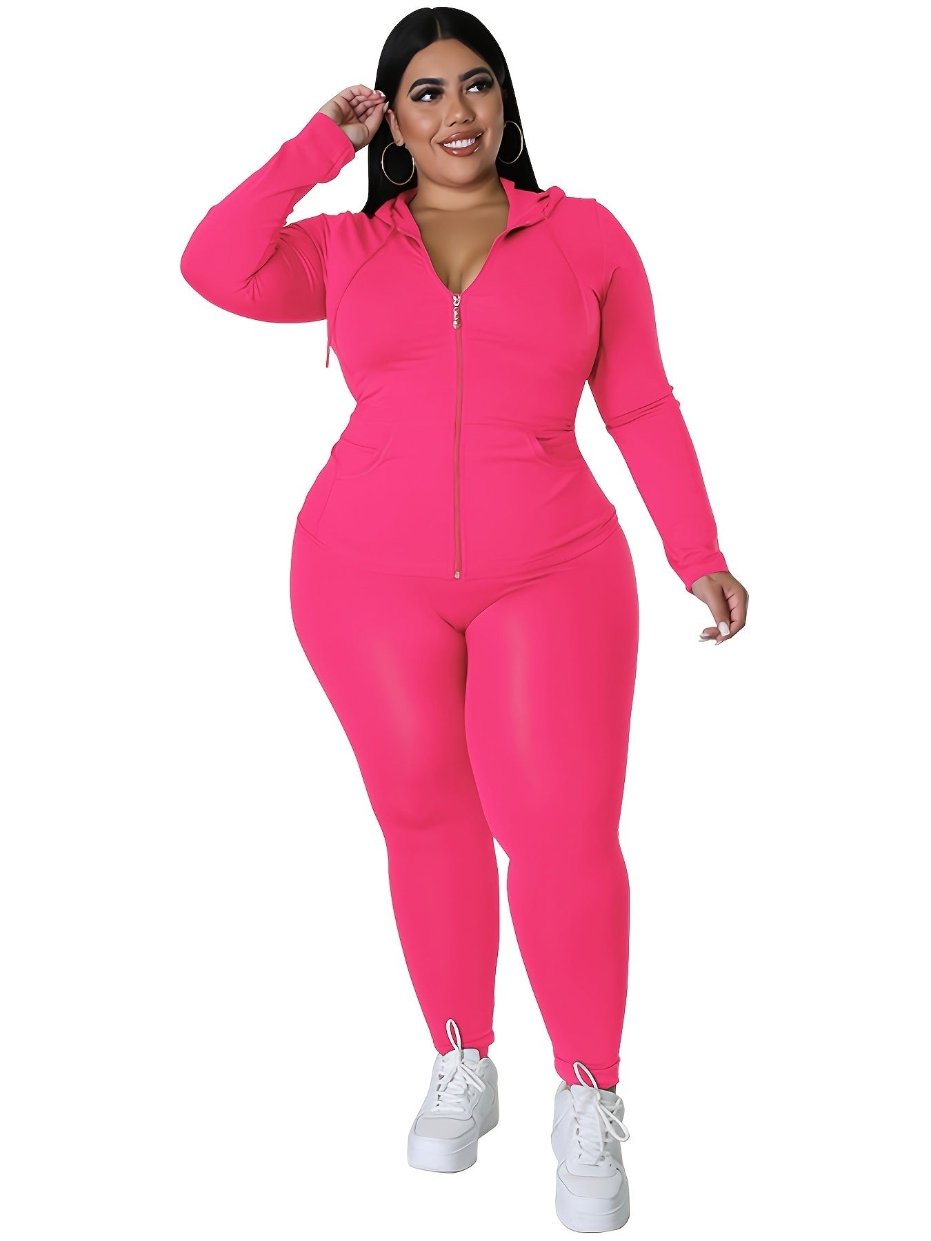 Plus Size Solid Zip Up Hoodie Sweatshirt & Pants Set; Women's Plus High Stretch Workout 2pcs Set