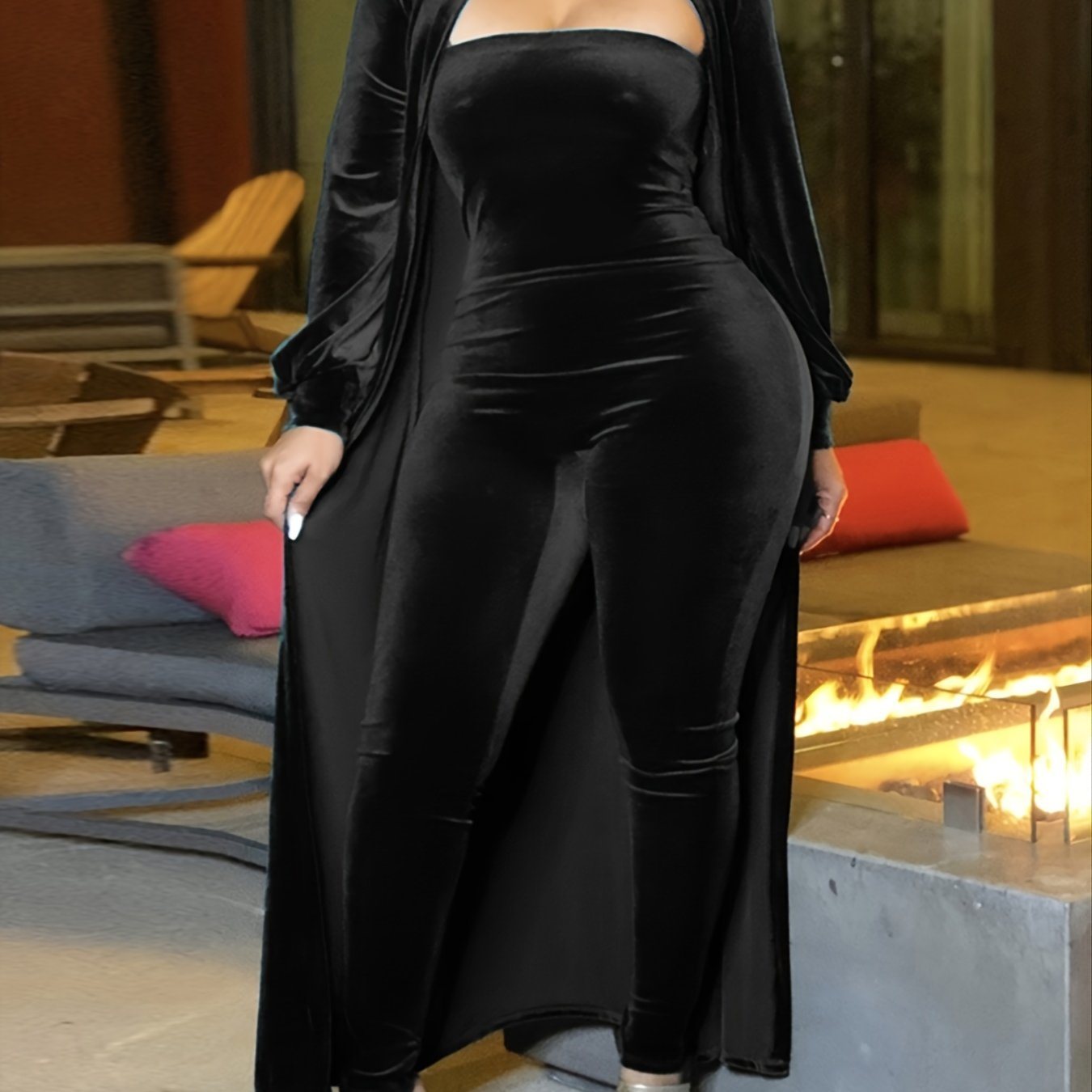 Plus Size Velvet Jumpsuit & Coat Fuzzy Set; Women's Plus Solid Slight Stretch Two Pieces Set