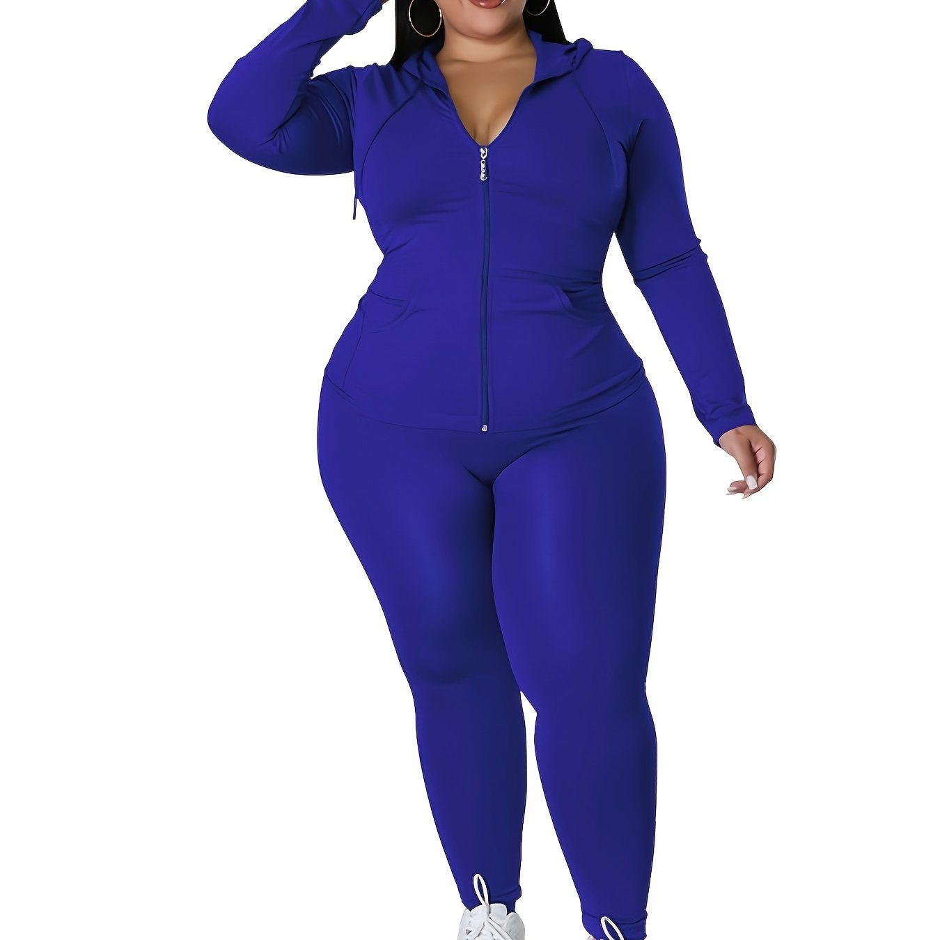 Plus Size Solid Zip Up Hoodie Sweatshirt & Pants Set; Women's Plus High Stretch Workout 2pcs Set