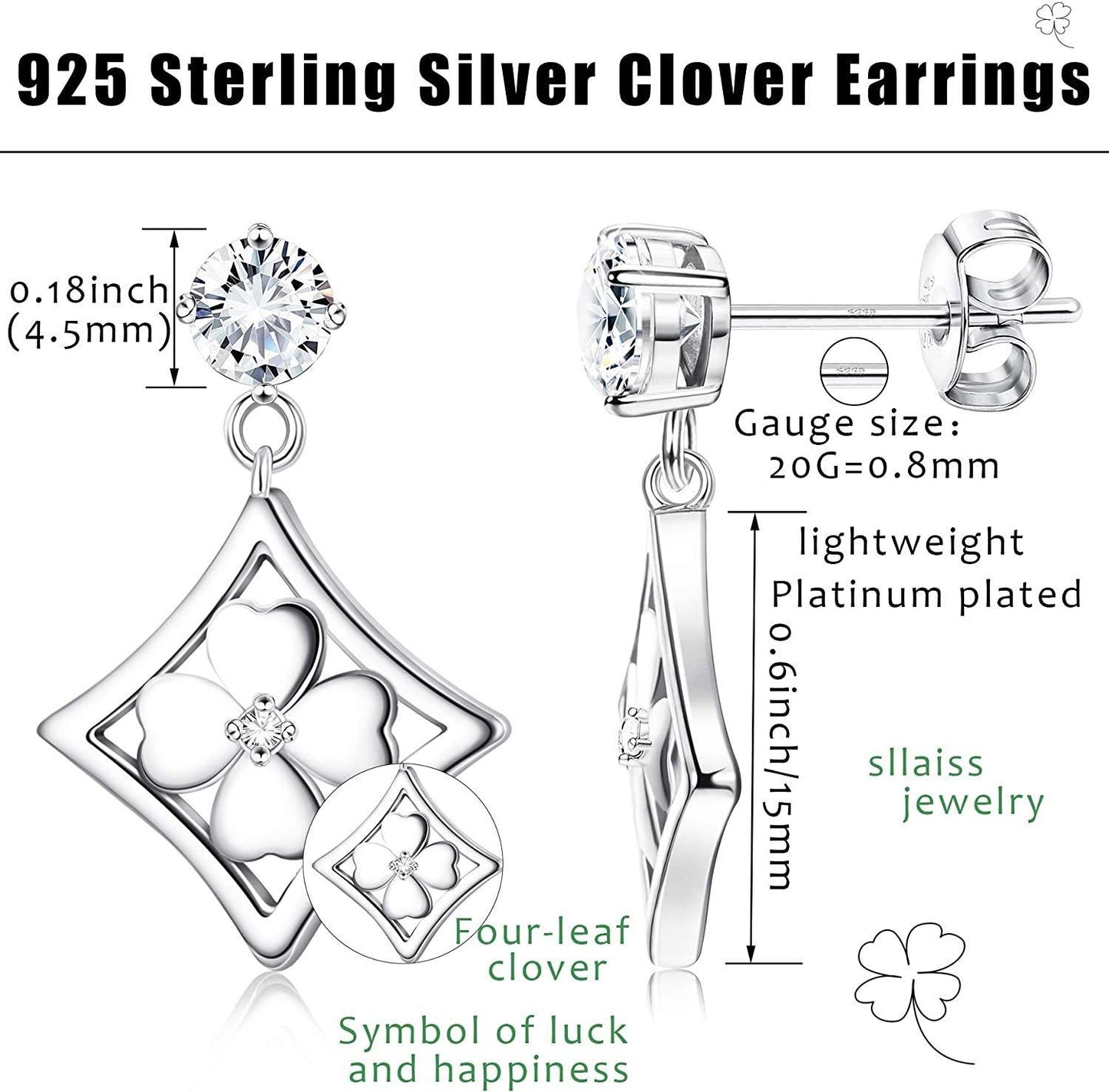 925 Sterling Silver Cubic Zirconia Clover Dangle Earrings Good Luck Rhombus Four Leaf Drop Earrings Jewelry for Women