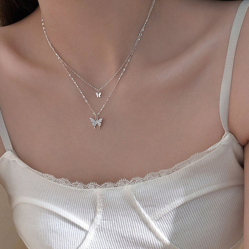 Luxury Necklace for Women Butterfly Necklace Shiny Double Chain Clavicle Pendant Anniversary Gift Jewelry Necklaces for Women