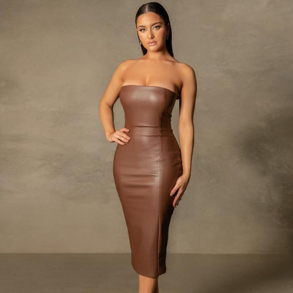 Dresses For Women Brown Faux Leather PU Clothes Sexy Strapless Long Pencil Dress Party Outfits Nightclub Robe