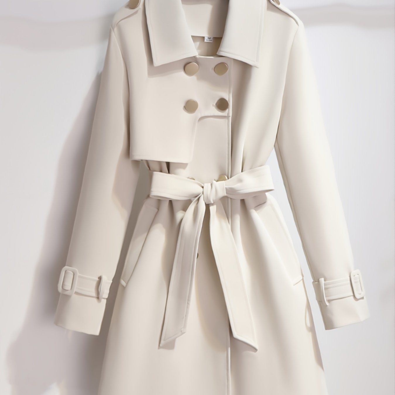 Plus Size Solid Button Up Long Sleeve Coat With Belt; Women's Plus Lapel Collar Elegant Long Coat