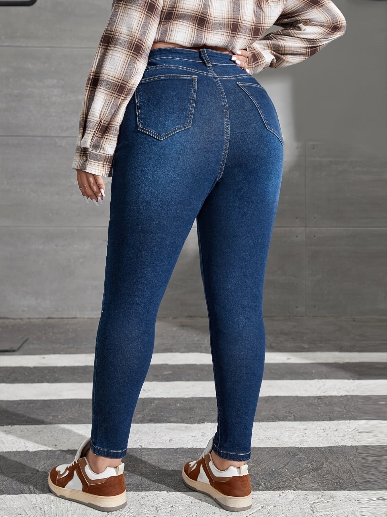 Plus Size Washed Button Up Skinny Jeans; Women's Plus High Stretch Casual Skinny Jeans