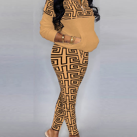 Plus Size Geometric Print Colorblock Zip Up Shirt & Pants Set; Women's Plus Turtle Neck Top & Pants 2pcs Set