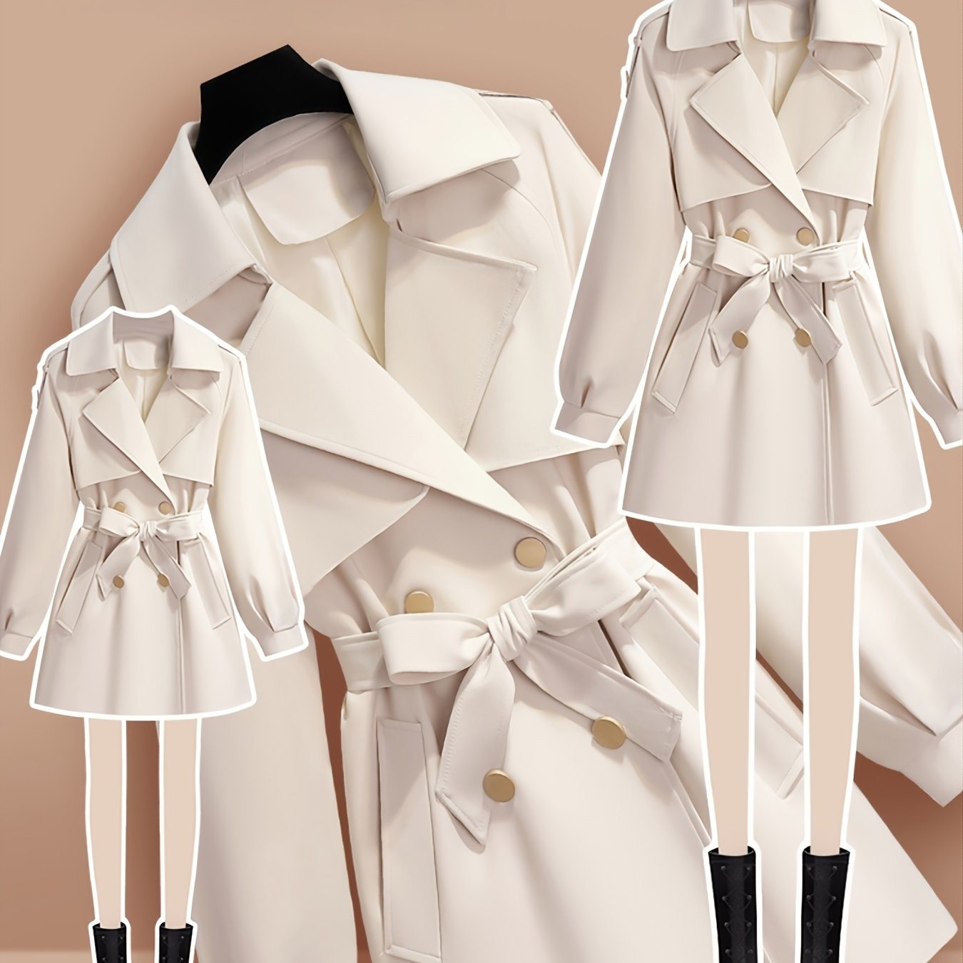 Plus Size Solid Lantern Sleeve Button Up Trench Coat With Belt; Women's Plus Double Breast Casual Trench Coat