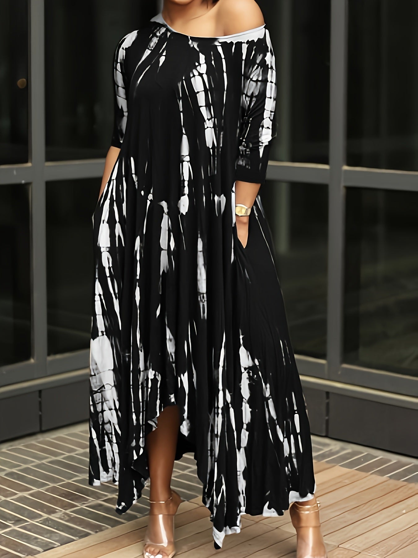 Plus Size Tie Dye Long Sleeve Round Neck Maxi Dress; Women's Plus Slight Stretch Casual Long Dress