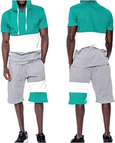 Men's Casual Stitching Color 2 Piece Short Sets Outfits Loose Hooded Short-Sleeved T-shirt + Shorts Siuts