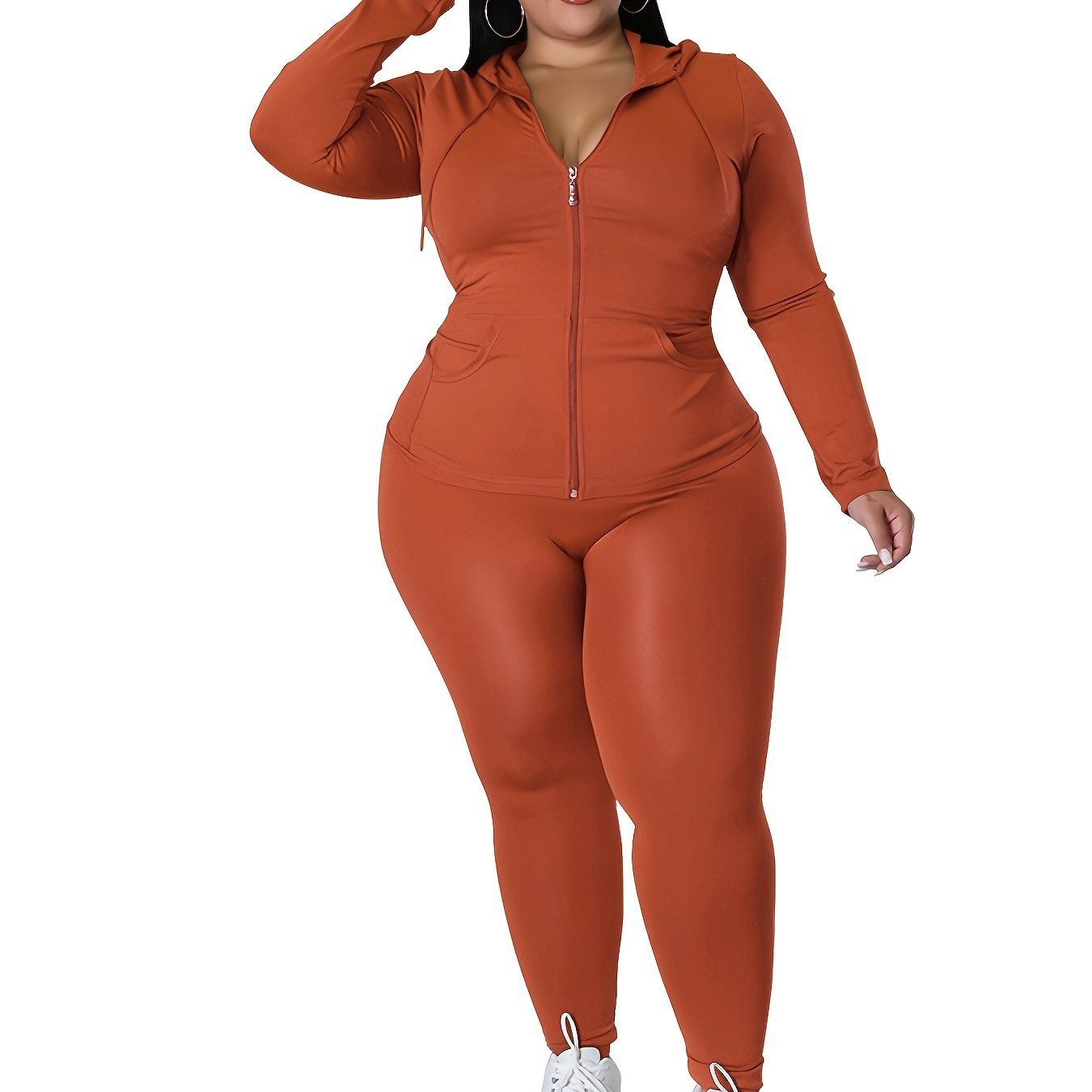 Plus Size Solid Zip Up Hoodie Sweatshirt & Pants Set; Women's Plus High Stretch Workout 2pcs Set