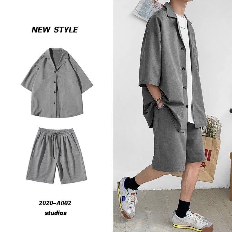 Korean Style Men&#39;s Set Suit Jacket and Shorts Solid Thin Short Sleeve Top Matching Bottoms Summer Fashion Oversized Clothing Man