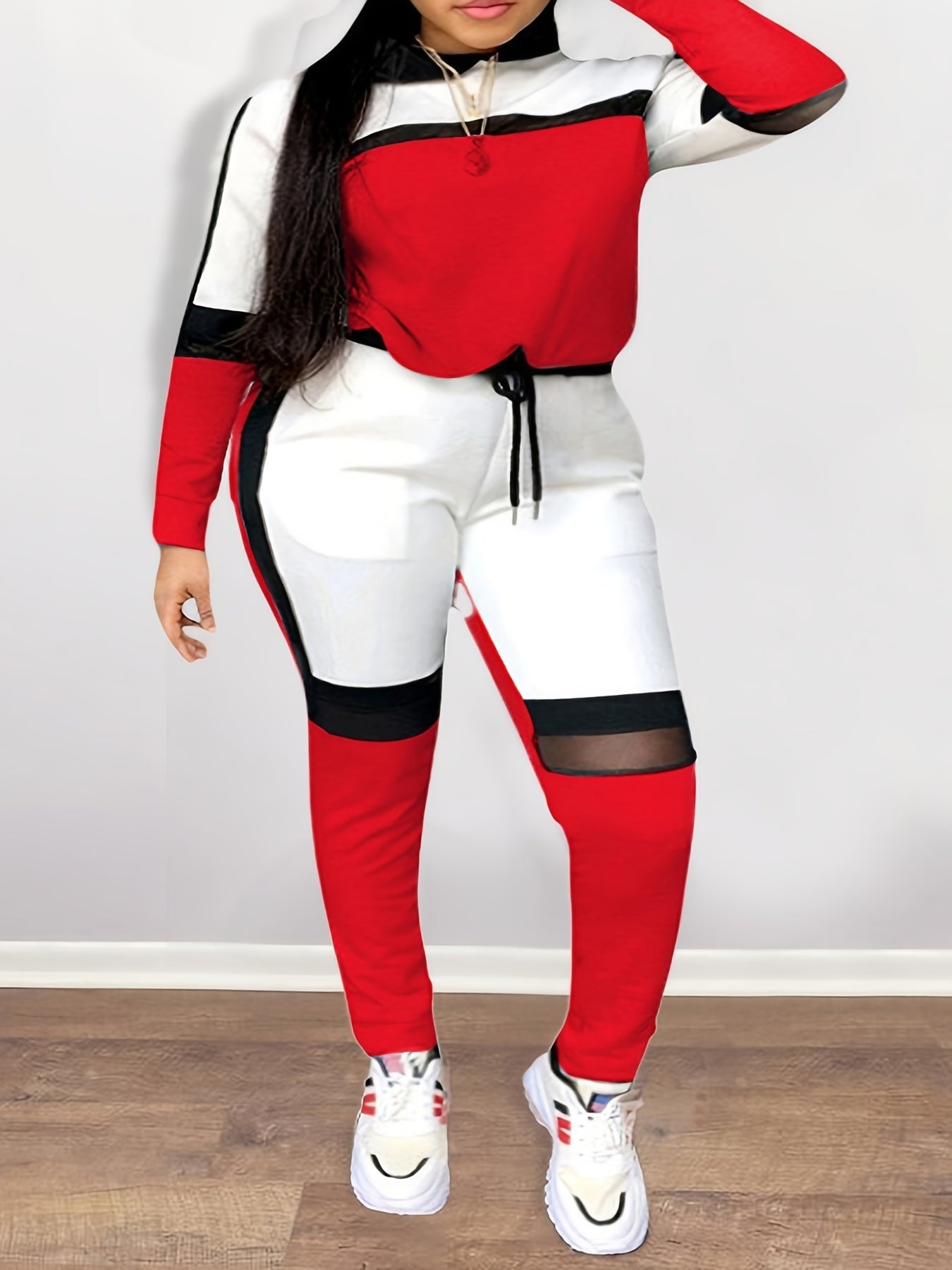 Plus Size Colorblock Contrast Mesh Long Sleeve Sweatshirt & Sweatpants Set; Women's Plus Fashion Casual 2pcs Set Outfit