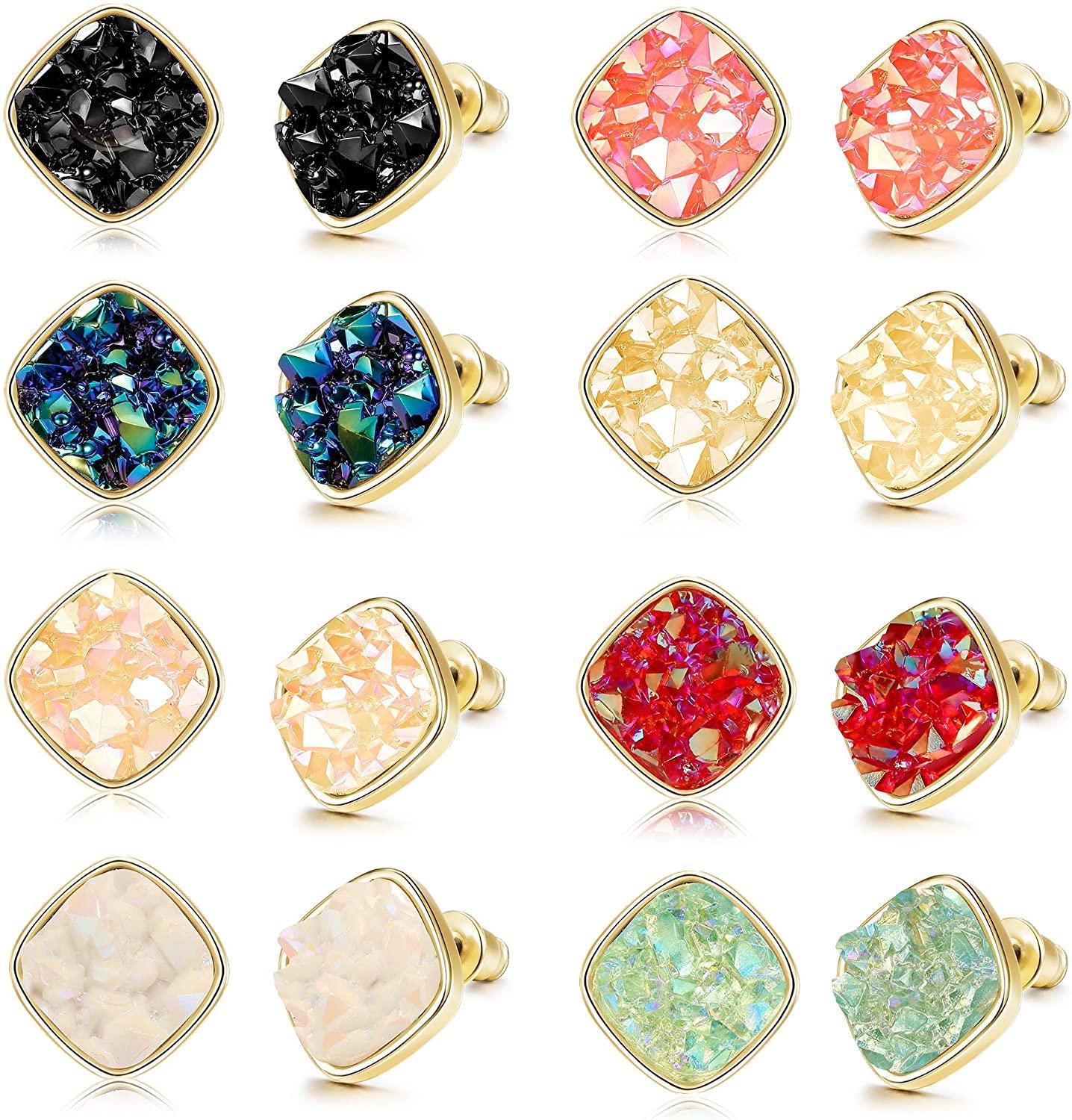 8 Pairs Resin Square Faux Druzy Stone Stud Earrings Set for Women Men Gold Plated Fashion Earrings Jewelry 10MM