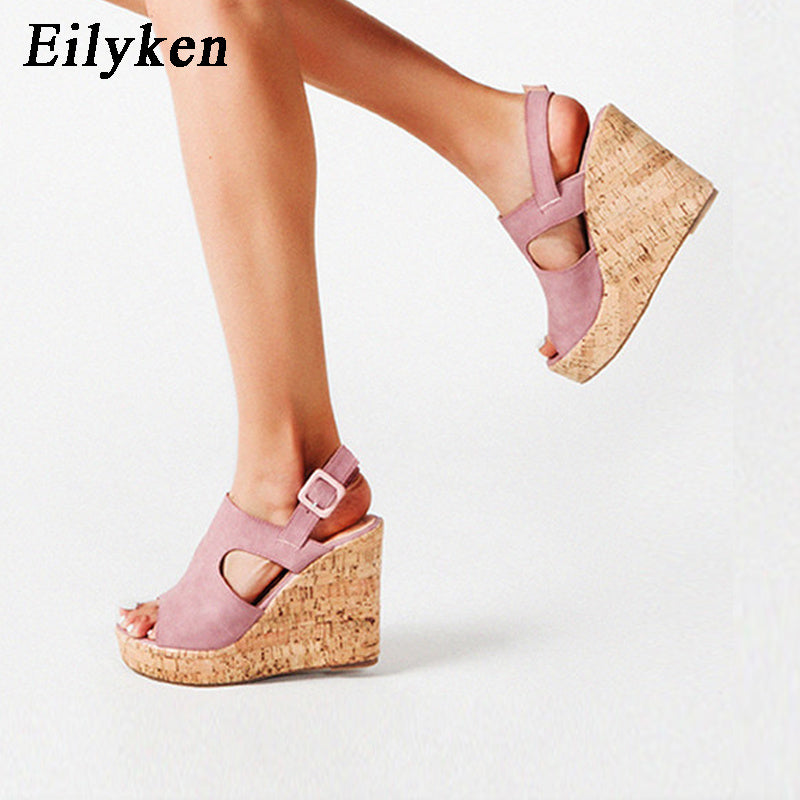 Eilyken Casual Women Platform Sandals Sexy Peep Toe Wedge Shoes Gladiator Ladies Buckle Strap High Heels Black Pink Brown