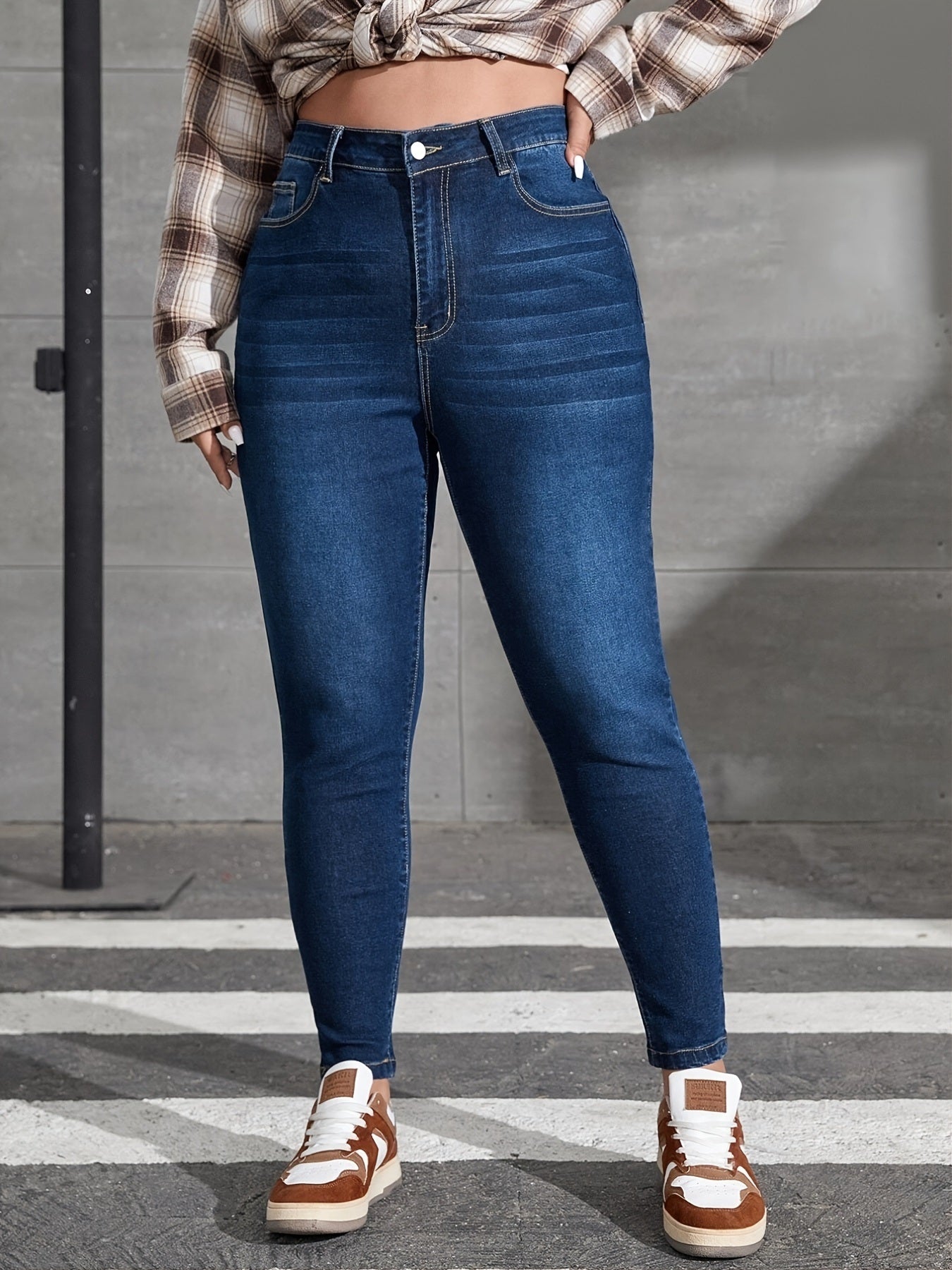 Plus Size Washed Button Up Skinny Jeans; Women's Plus High Stretch Casual Skinny Jeans