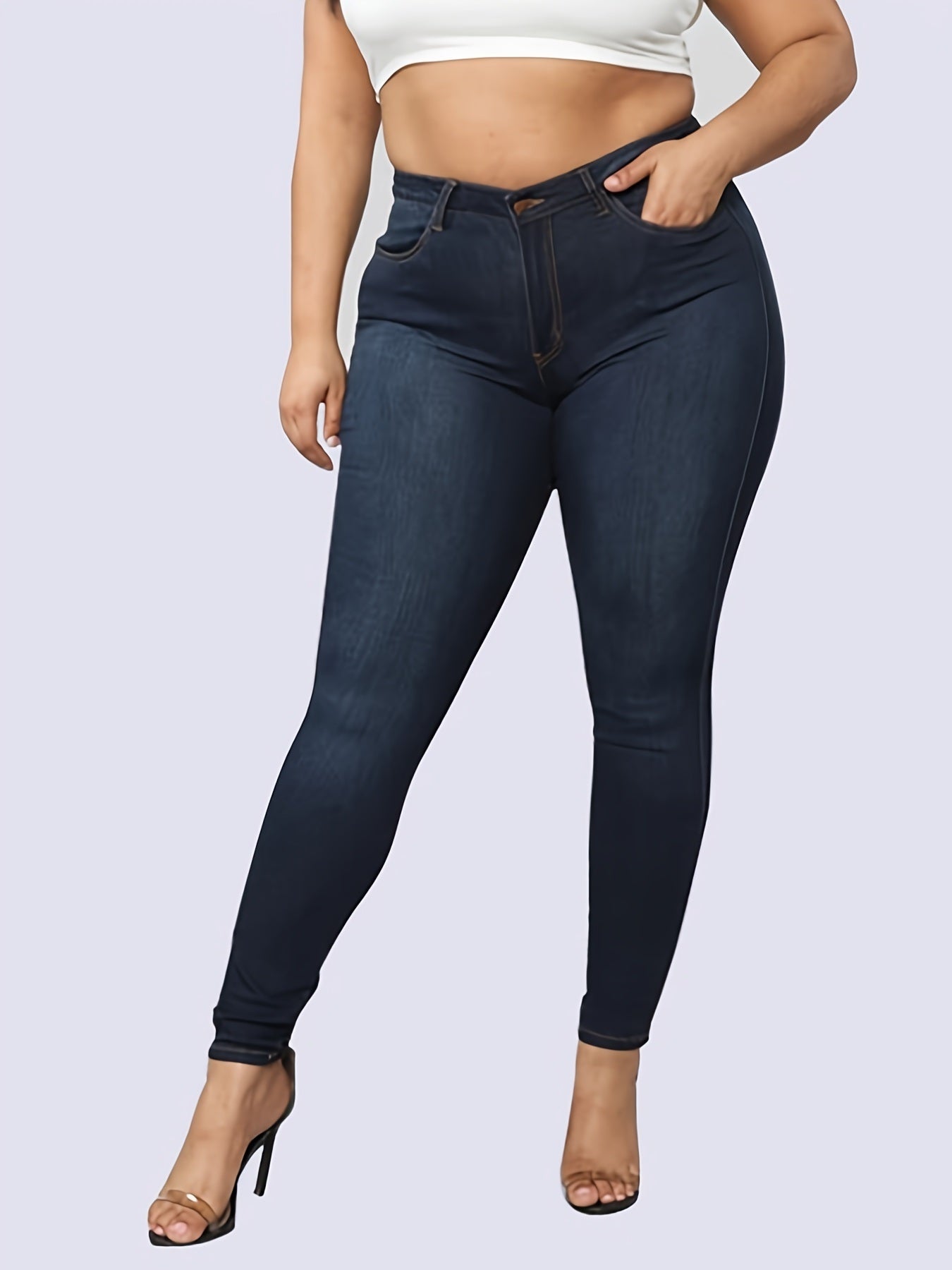 Plus Size High Rise Button Fly Skinny Jeans; Women's Plus Slight Stretch Casual Denim Skinny Pants