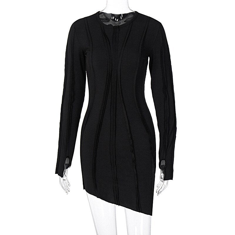 Asymmetric Black Bodycon Dresses For Women Clothes 2022 Fashion Sexy Ribbed Knitted Long Sleeve Mini Dress C95-CB31