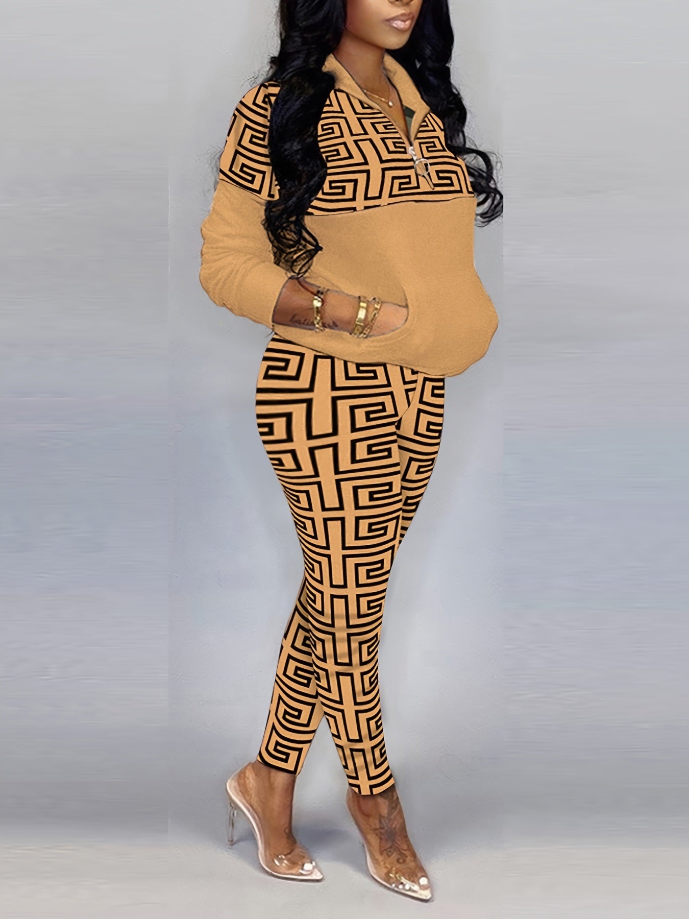 Plus Size Geometric Print Colorblock Zip Up Shirt & Pants Set; Women's Plus Turtle Neck Top & Pants 2pcs Set