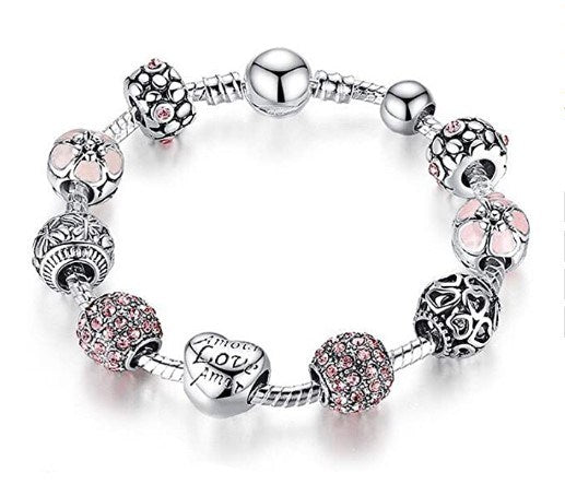 Love Beads Charms Bracelet Rose Flower Charms CZ Charms Bracelets with 9 Pieces Charm for Girls and Women