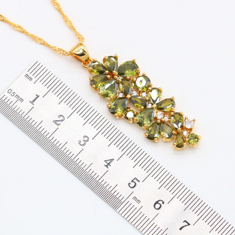 Luxury Green Peridot Gold Plated Jewelry Sets for Women Earrings Necklace Pendant Ring Bracelet Christmas Birthday Gift