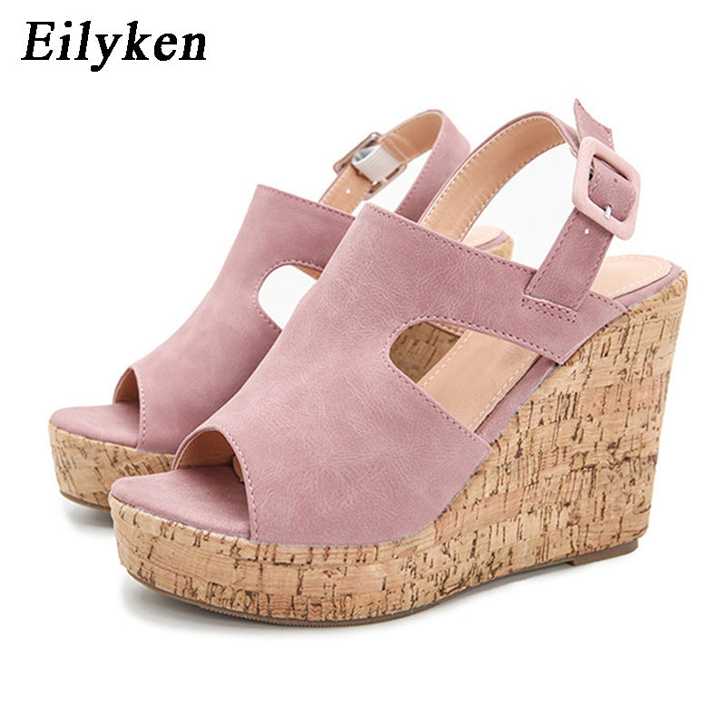 Eilyken Casual Women Platform Sandals Sexy Peep Toe Wedge Shoes Gladiator Ladies Buckle Strap High Heels Black Pink Brown