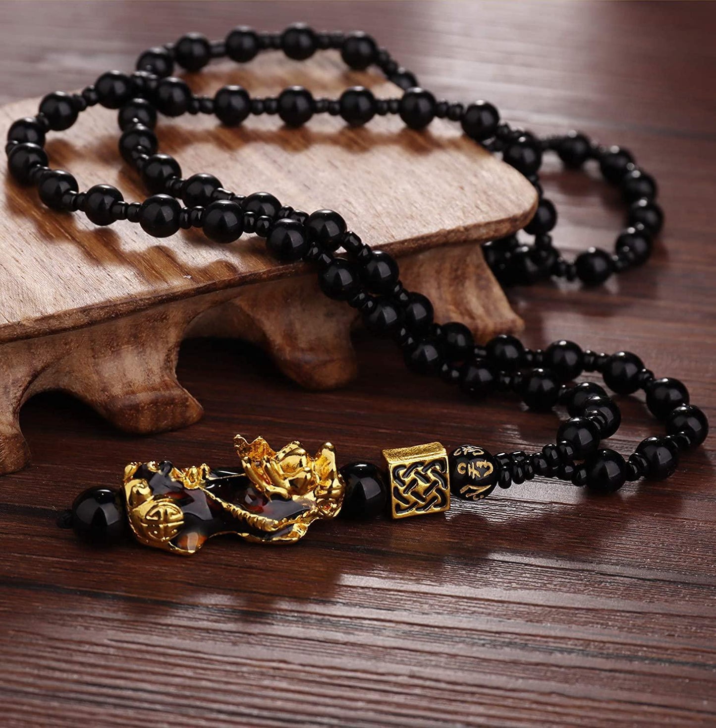 4 Pcs Feng Shui Black Obsidian Wealth Bracelet Necklace Set for Men Women Good Lucky Nafu Necklaces Black Bead Bracelet Jewelry Adjustable