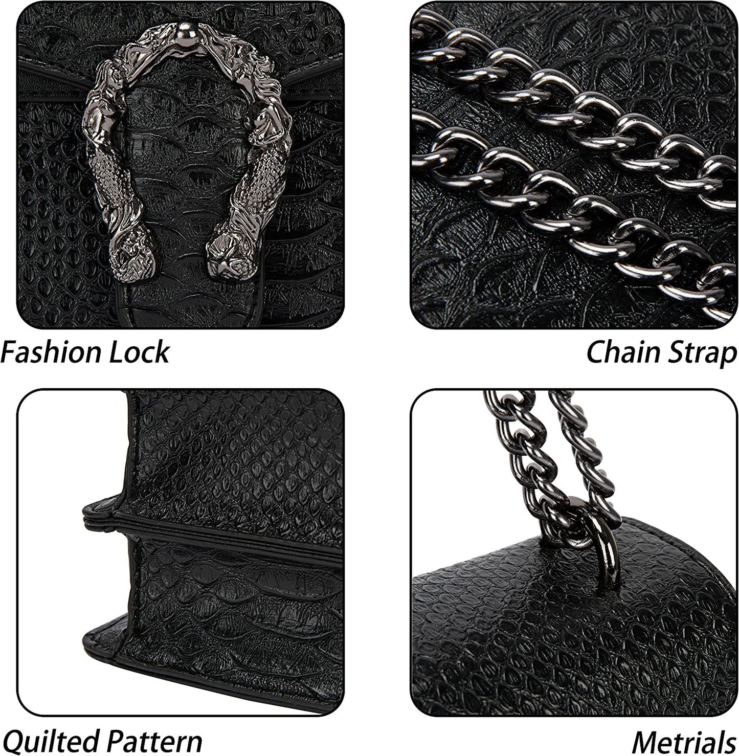 Crossbody Shoulder Square Purse For Women - Fashion Embossed Snake-Print Leather Handbag Metal Chain satchel Tote Bag