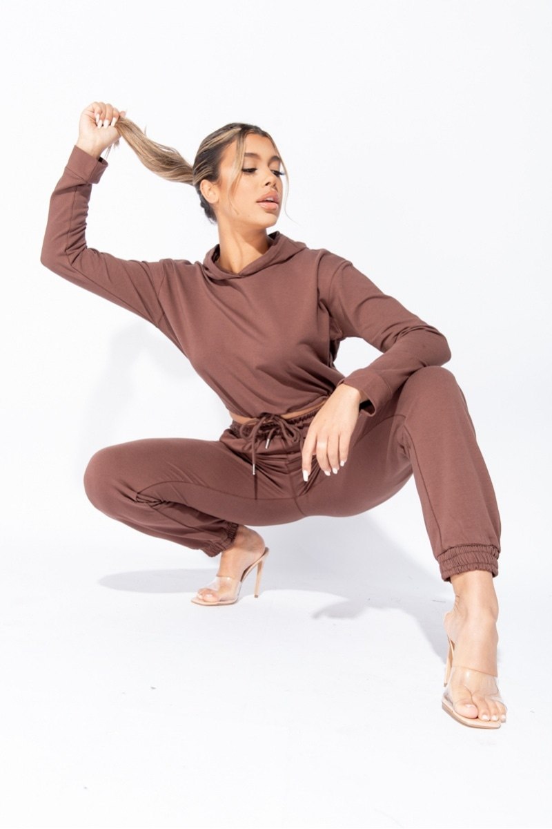 Olive/Brown Cropped Hoodie Jogger Lounge Set