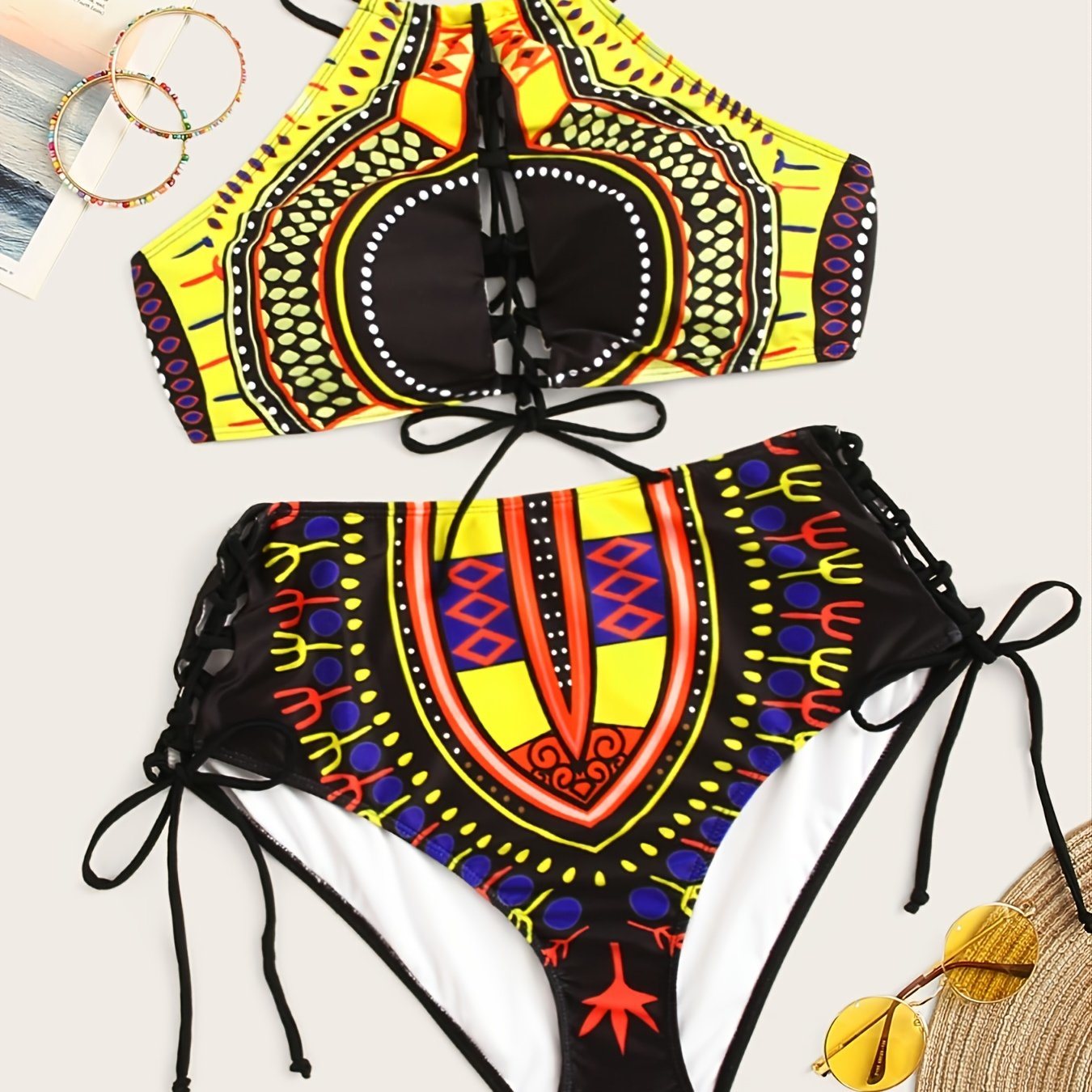 Plus Size Ethnic Print Push Up Bikini Set; Women's Plus High Stretch Swimsuit Set