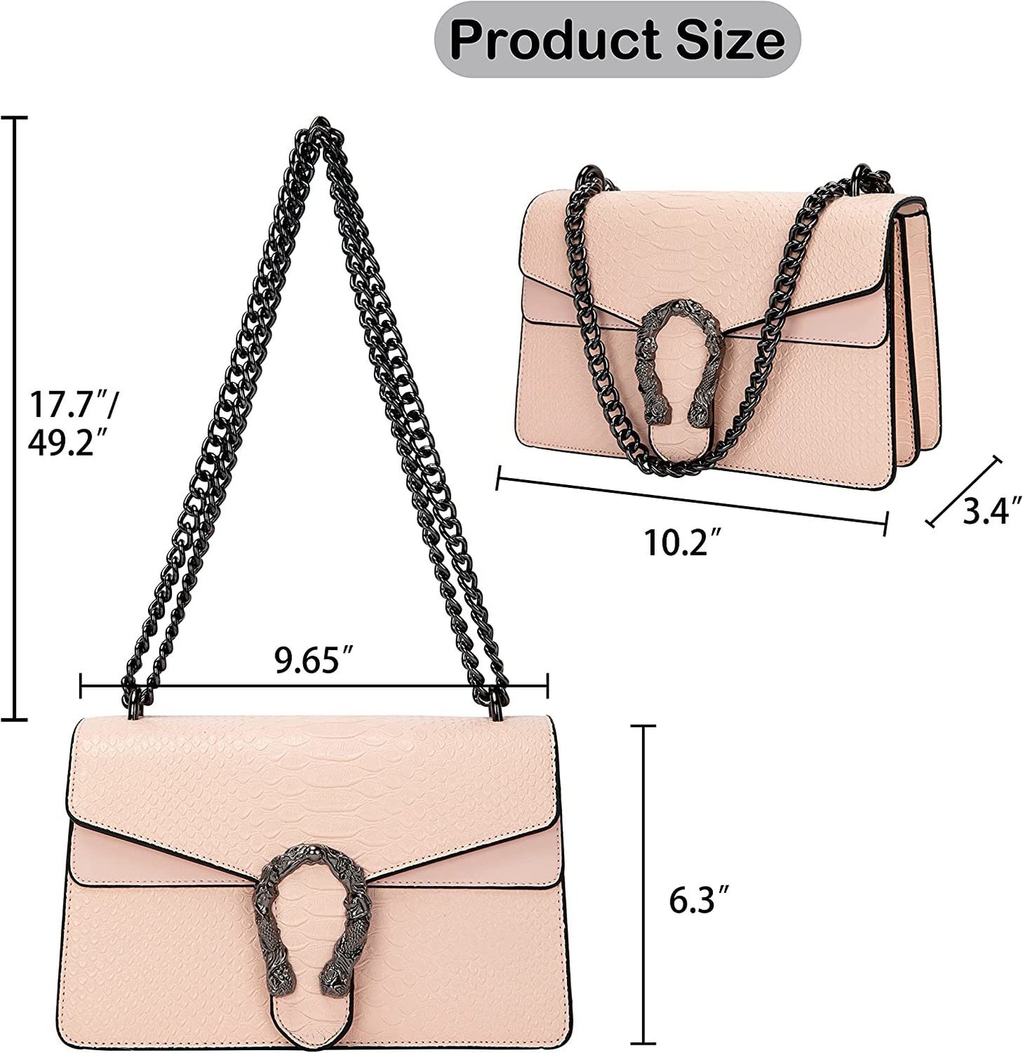 Crossbody Shoulder Square Purse For Women - Fashion Embossed Snake-Print Leather Handbag Metal Chain satchel Tote Bag