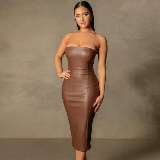 Dresses For Women Brown Faux Leather PU Clothes Sexy Strapless Long Pencil Dress Party Outfits Nightclub Robe