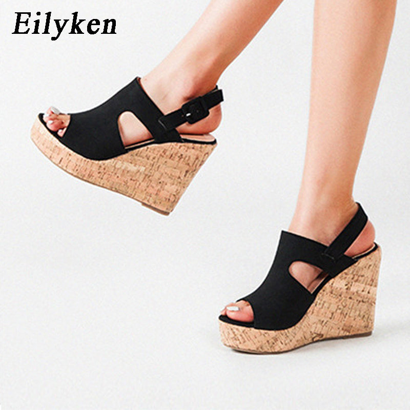 Eilyken Casual Women Platform Sandals Sexy Peep Toe Wedge Shoes Gladiator Ladies Buckle Strap High Heels Black Pink Brown