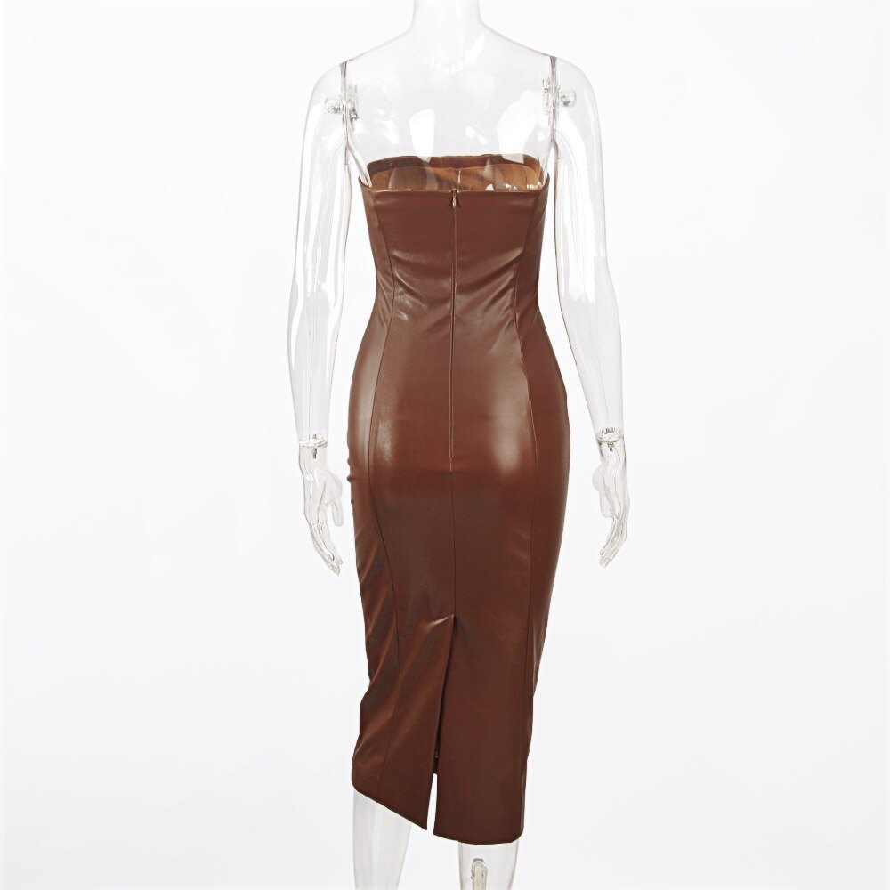 Dresses For Women Brown Faux Leather PU Clothes Sexy Strapless Long Pencil Dress Party Outfits Nightclub Robe