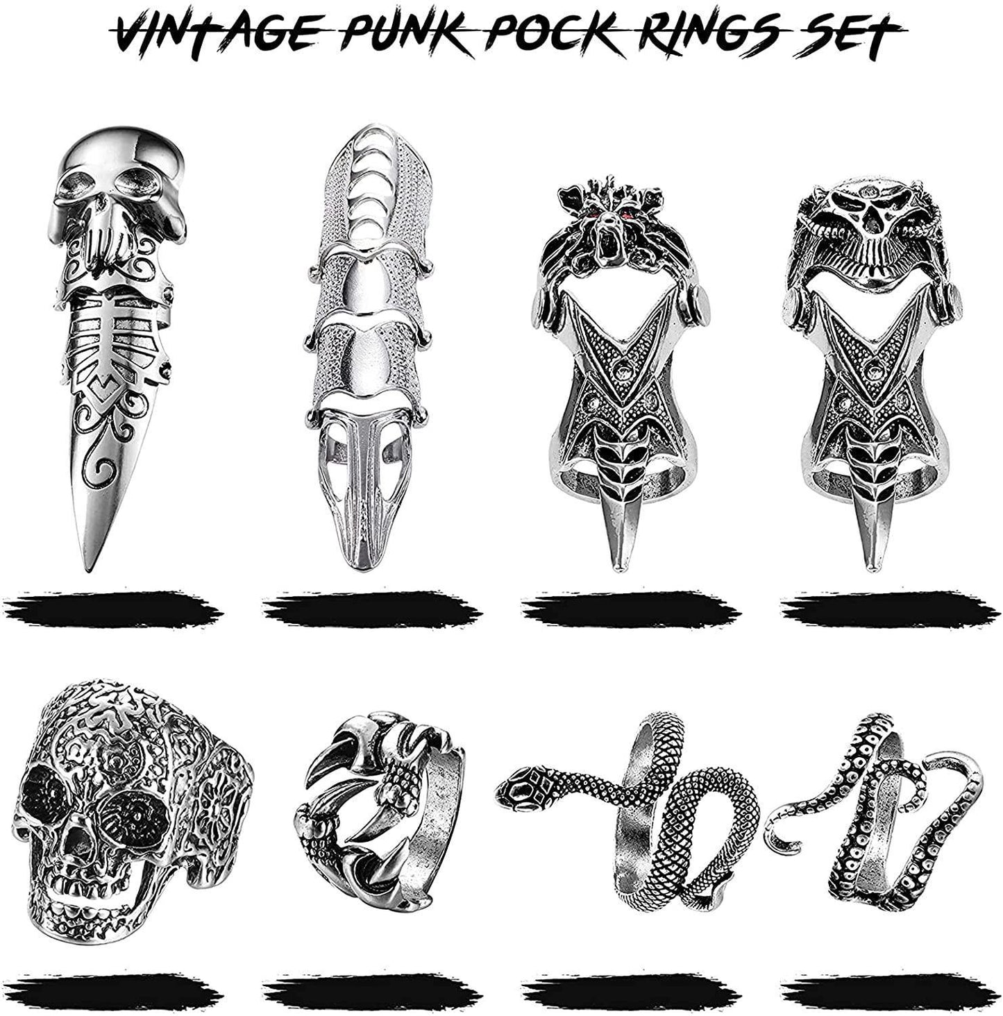 Vintage Punk Rings for Men Women Cool Adjustable Rings Set Snake Tiger Dragon Skull Rings Gothic Jewelry