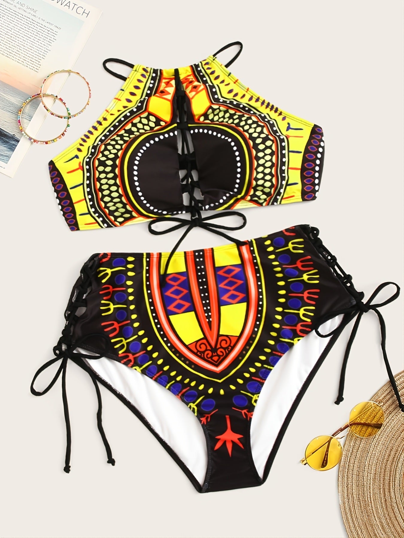 Plus Size Ethnic Print Push Up Bikini Set; Women's Plus High Stretch Swimsuit Set